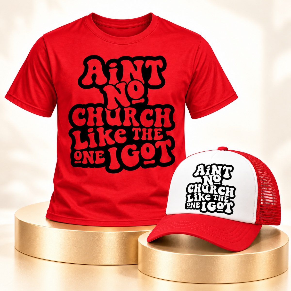 Ain’t No Church Like the One I Got red shirt and red white trucker hat matching set