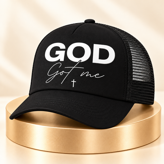 God Got Me black trucker hat