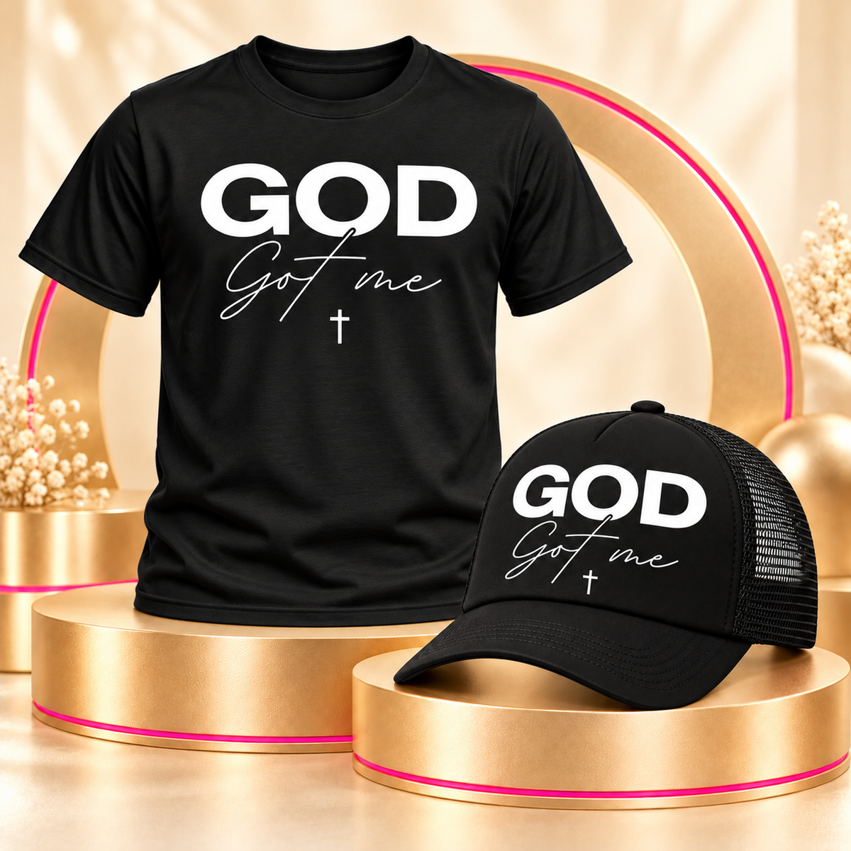 God Got Me matching black shirt and trucker hat set