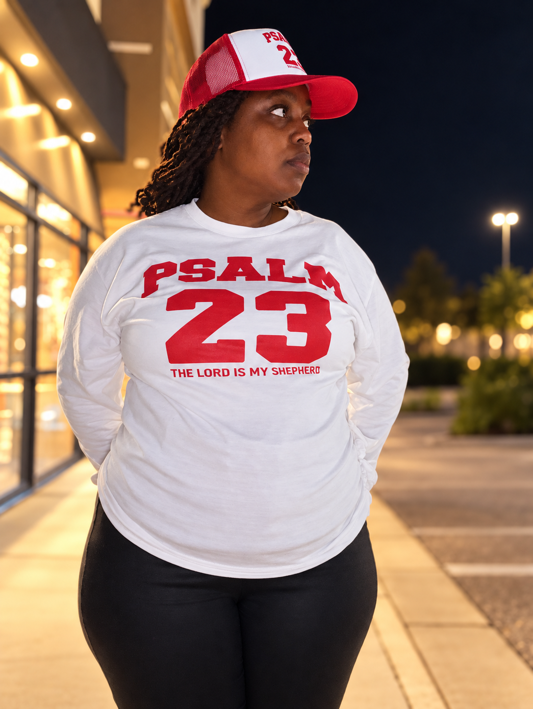 Psalm 23 white long-sleeve shirt nighttime lifestyle photo