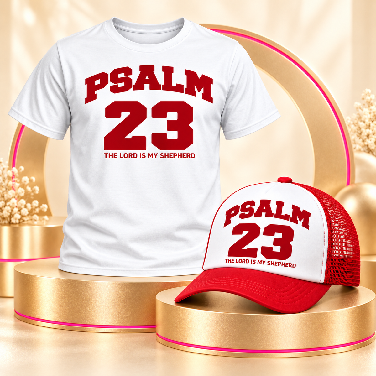 Psalm 23 matching white shirt and red-white trucker hat set