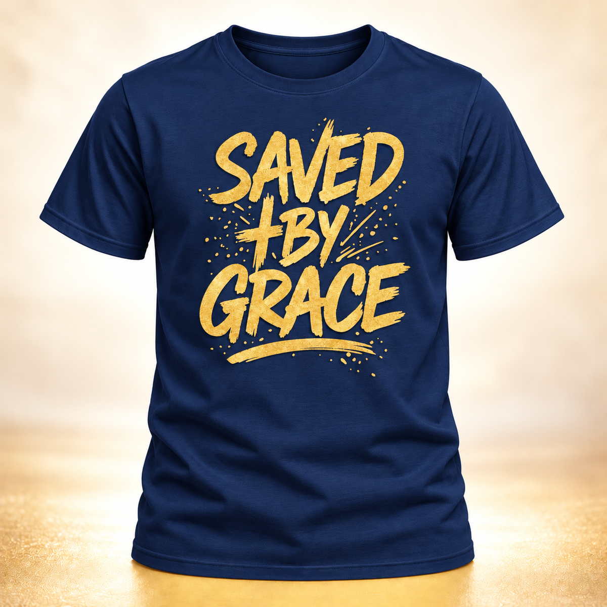 Saved by Grace navy T-shirt with champagne-gold design